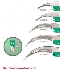 SunMed MAC Greenline / D Disposable F / O Blades - MAC GreenLine Disposable Blade, Laryngoscope, Macintosh, Size 2, Fiberoptic - 5-5332-02