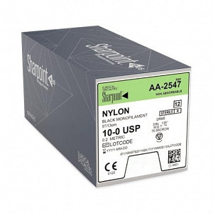 Surgical Specialties Sharpoint Microsutures Nylon Sutures - Nylon Monofilament Black Nonabsorbable Suture with 5 mm 3/8 Circle M. E.T. DRM-5 Needle, 13 cm Long, Size 10-0 - AA-2547
