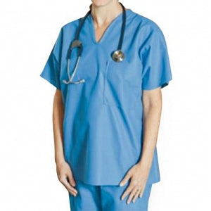 Encompass Group Super-Soft Evolution Nonwoven Scrub Tops - Disposable Chest-Pocket V-Neck Military Scrub Top, Blue, Size L - 9653