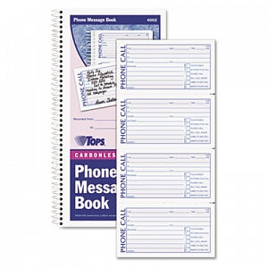 Tops Business Forms Spiral Bound Message Books - 2-Part Carbonless Spiral Bound Message Book, 4 Messages / Page, 200/Book, Message Size 5" x 2-3/4" - 4002