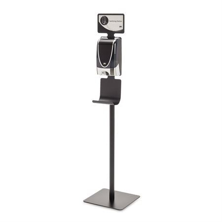 TouchFREE Chrome Dispenser with Biocote Floor Stand with Sign for TouchFREE Dispenser