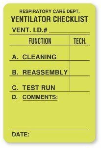 United Ad Label Co. Ventilator Labels - Ventilator Checklist Labels, Respiritory Department - RT300