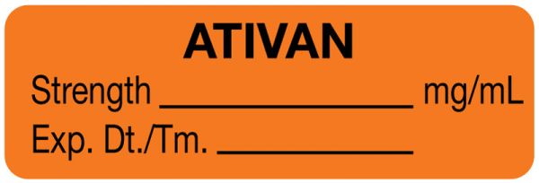Ativan Injection Concentration Label Medical Use Labels - Anesthesia Label, Ativan mg/mL, 1-1/2