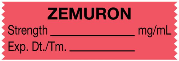Medical Use Labels - Anesthesia Tape, Zemuron mg/mL, 1-1/2" x 1/2"