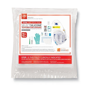 Medline Temperature-Sensing 100% Silicone 1-Layer Foley Catheter Tray - Total One-Layer Tray with 400 mL Urine Meter with 2, 500 mL Drain Bag, 100% Temperature-Sensing Silicone Foley Catheter, 16 Fr, 10 mL, Peri Wipe, Vented Tubing - URO180816T