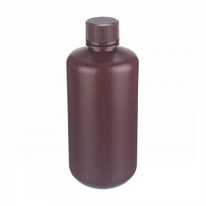 DWK Life Sciences Wheaton Starlin Amber Color Bottle - Starlin Narrow-Mouth Round HDPE Plastic Bottle with Attached Cap and No-Drip Pour Lip, Amber, 1, 000 mL - 209130