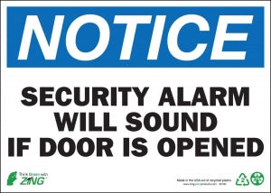 Zing Enterprises LLC Notice Security Alarm Will Sound Signs - SIGN, NOTICE SECURITY ALARM, 10X14, AL - 2140A