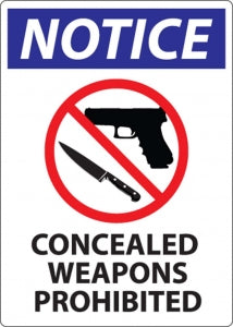 Zing Enterprises LLC Concealed Weapons Prohibited Signs - SIGN, NOTICE CNCEALED WEAPONS, 14X10, SA - 2813S