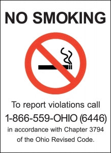 Zing Enterprises LLC Ohio No Smoking Signs - SIGN, NO SMOKING, OH, 10INWX14INH, PLASTIC - 2859