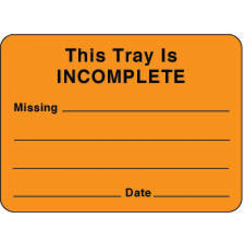 PDC Healthcare Permanent Paper Label - This Tray is INCOMPLETE Label, Orange, 2-3/8" x 1-3/4" - 59705784
