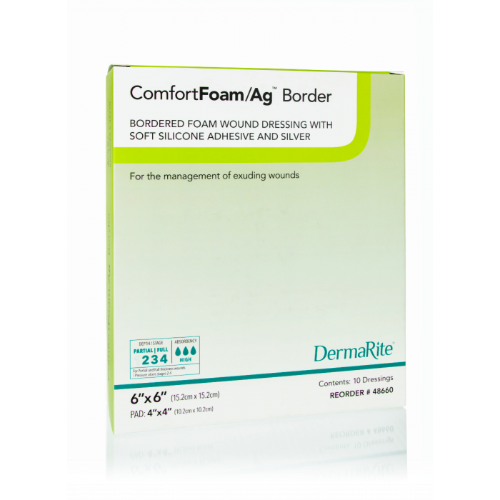 DermaRite ComfortFoam Ag Bordered Foam Wound Dressing with Soft Silicone Adhesive & Silver