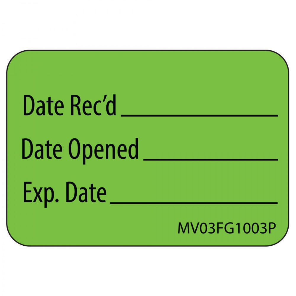 Label Paper Permanent Date Recd ___ Date 1" Core 1 7/16" X 1" Fl. Green 666 Per Roll