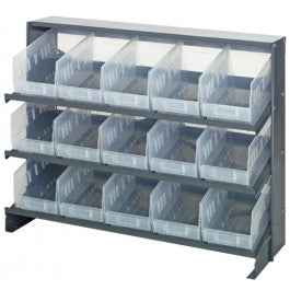 RACK, BENCH, STEEL, 15CLR BINS, 12"X36"X21