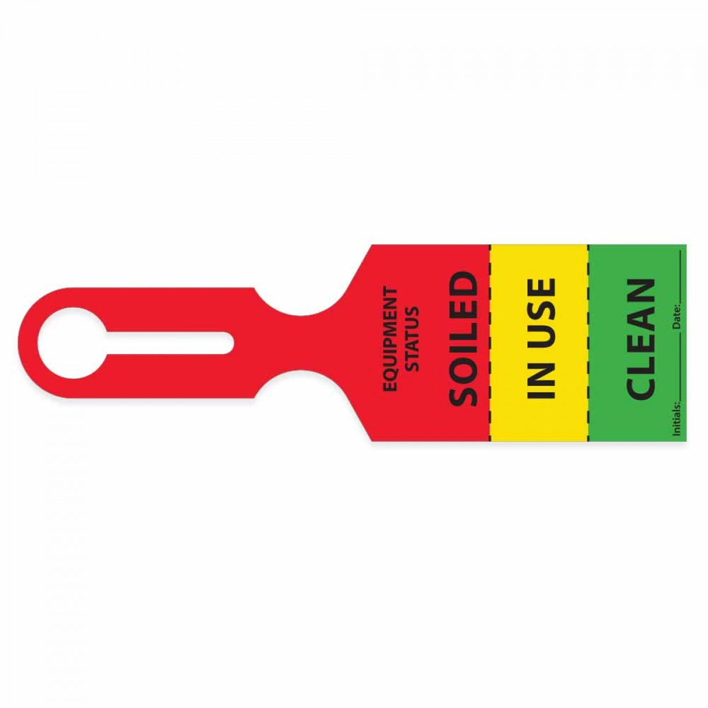 Printed Message: Equipment Status, Soiled, In Use, Clean, Initials, Date Color: Red Yellow Green Dimensions: 8 1/2" X 2 1/2" Information Area: 4" X 2 1/2" Quantity: 1000/Case